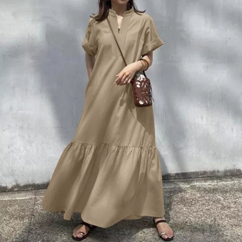 Stand Collar V-Neck Mermaid Maxi Dress | Elegant Pleated Short Sleeve Dress