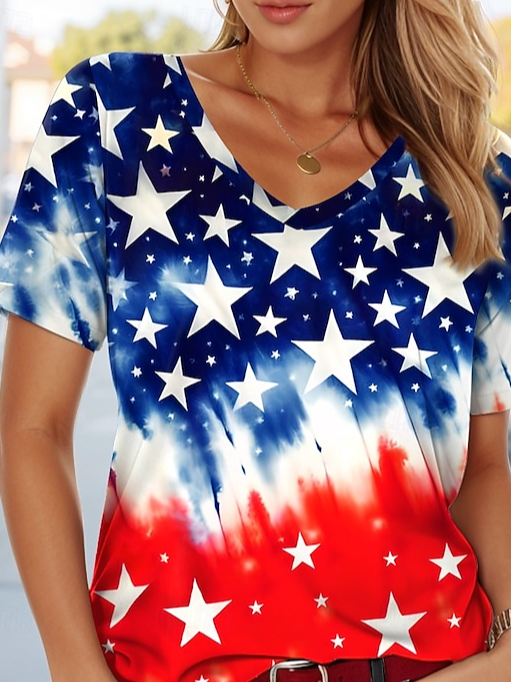 Women's American Flag Printed Casual Cotton V-Neck T-Shirt