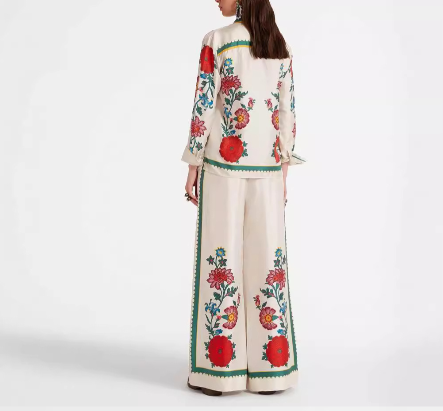 Floral Collared Long Sleeve Loose Two Piece Set