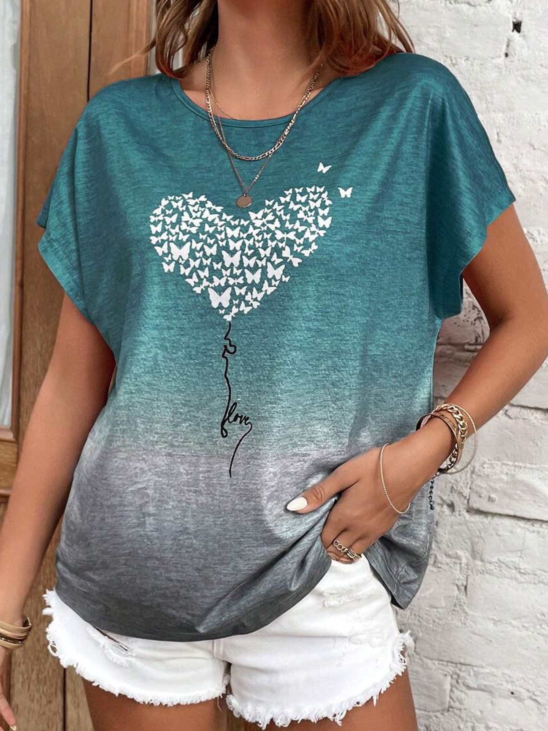 Heart/Cordate Print Crew Neck Sleeveless Jersey Casual T-Shirt