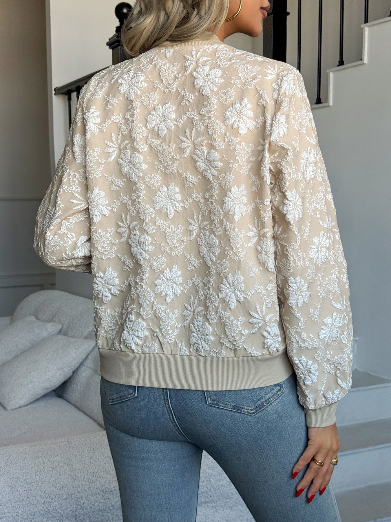 Jacquard Zip-Up Round Neck Loose Jacket | Elegant Casual Commuter Outerwear