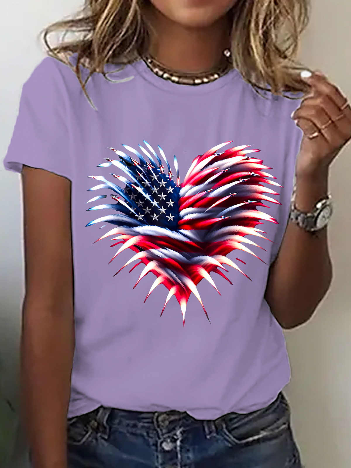 Independence Day Flag Heart Fireworks Cotton T-Shirt