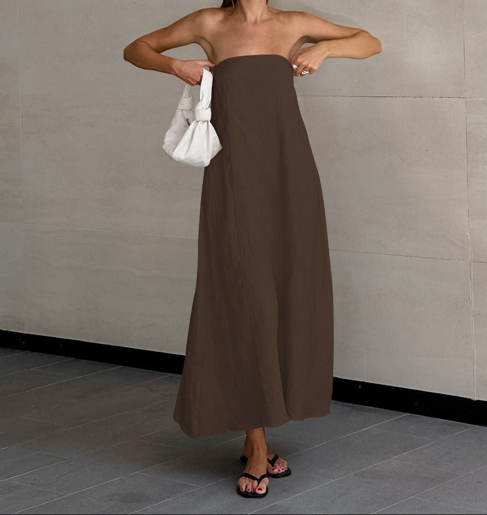 French Khaki Strapless Backless Maxi Dress | Cotton Linen Resort Dress