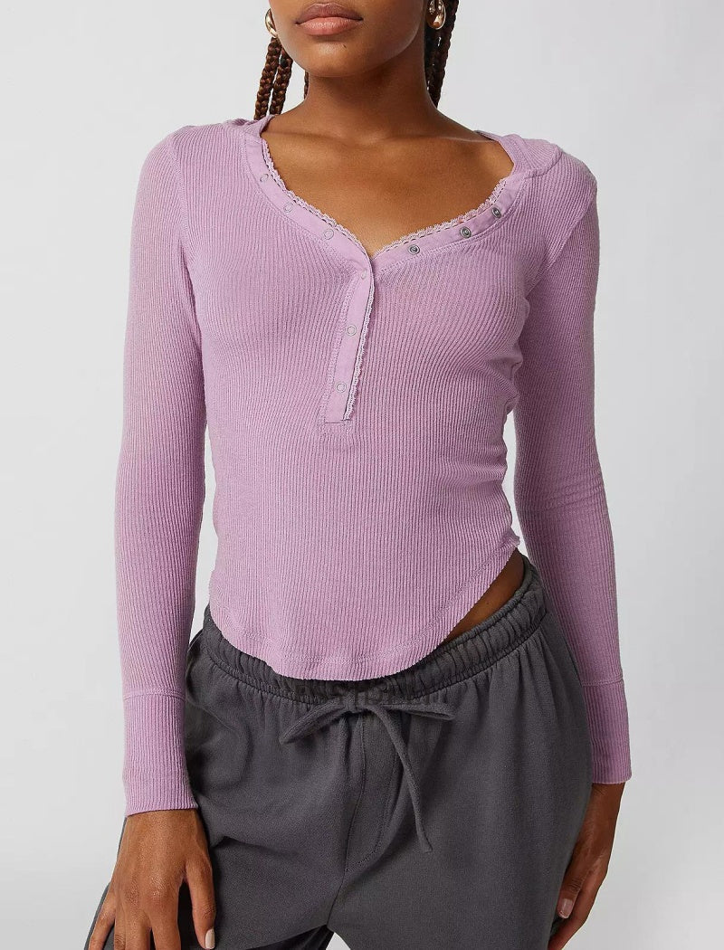 Ribbed V-Neck Henley Top