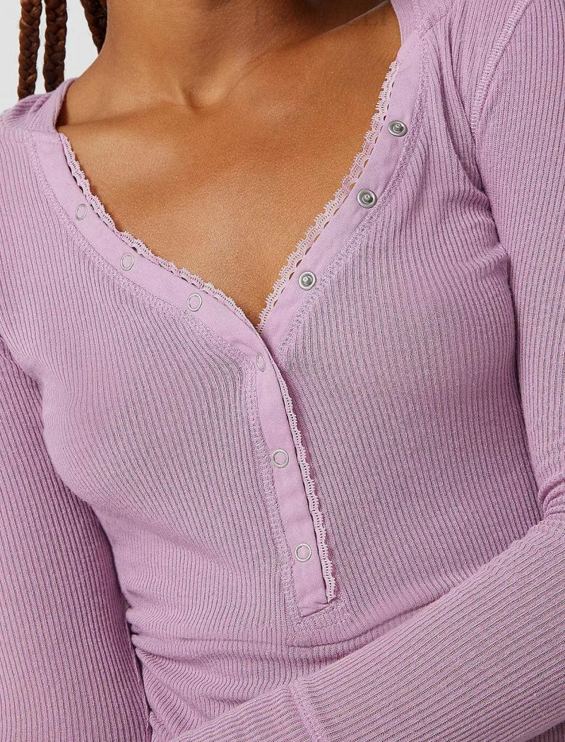 Ribbed V-Neck Henley Top