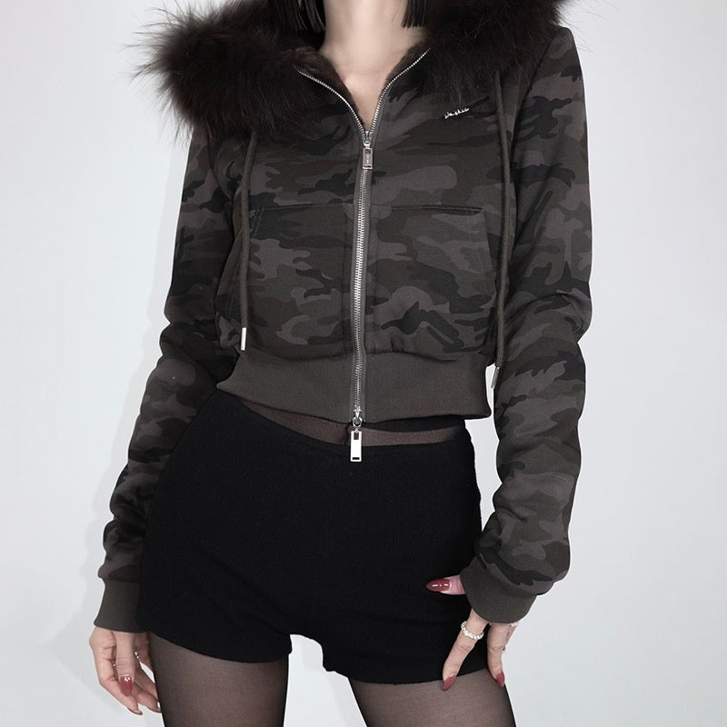 Hooded Fuzzy Patchwork Jacket