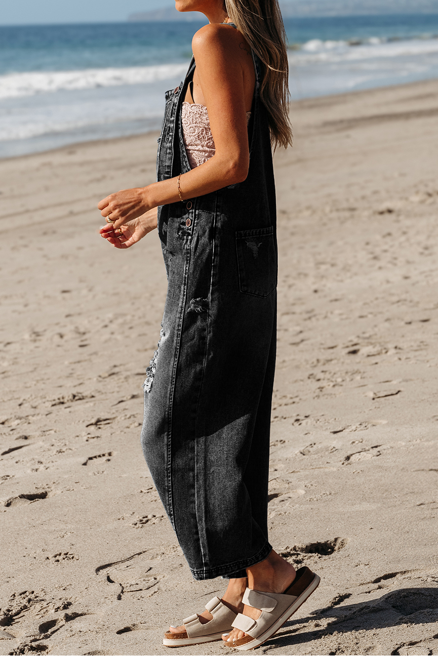 Black Distressed Bib Pocket Wide Leg Denim Overall