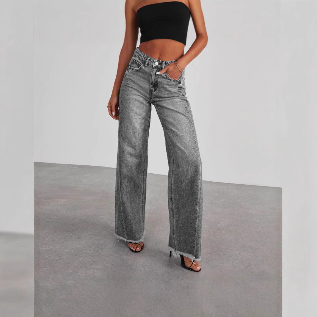Washed Cotton Wide-Leg Floor-Length Jeans | Loose Fit Casual Denim Pants