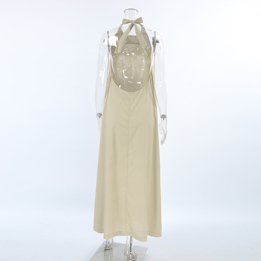 French Khaki Halter Dress | Cotton Linen Resort Vacation Dress
