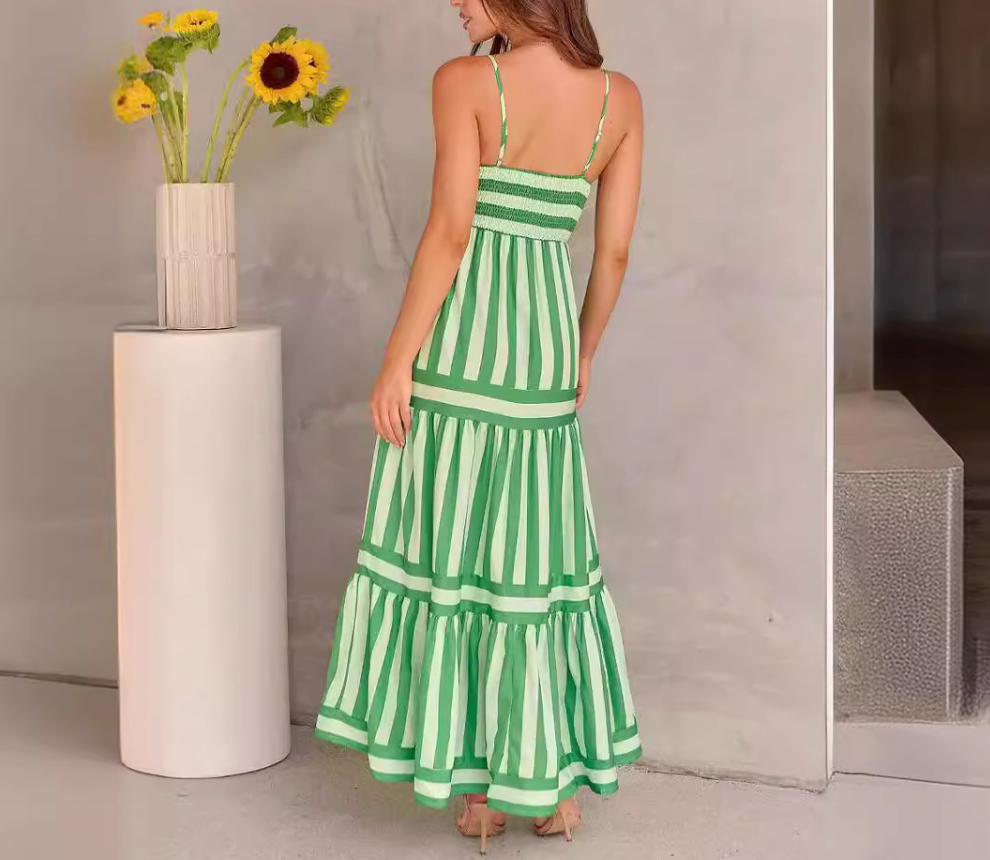 Striped Burnout Bustier Maxi Dress with Adjustable Straps