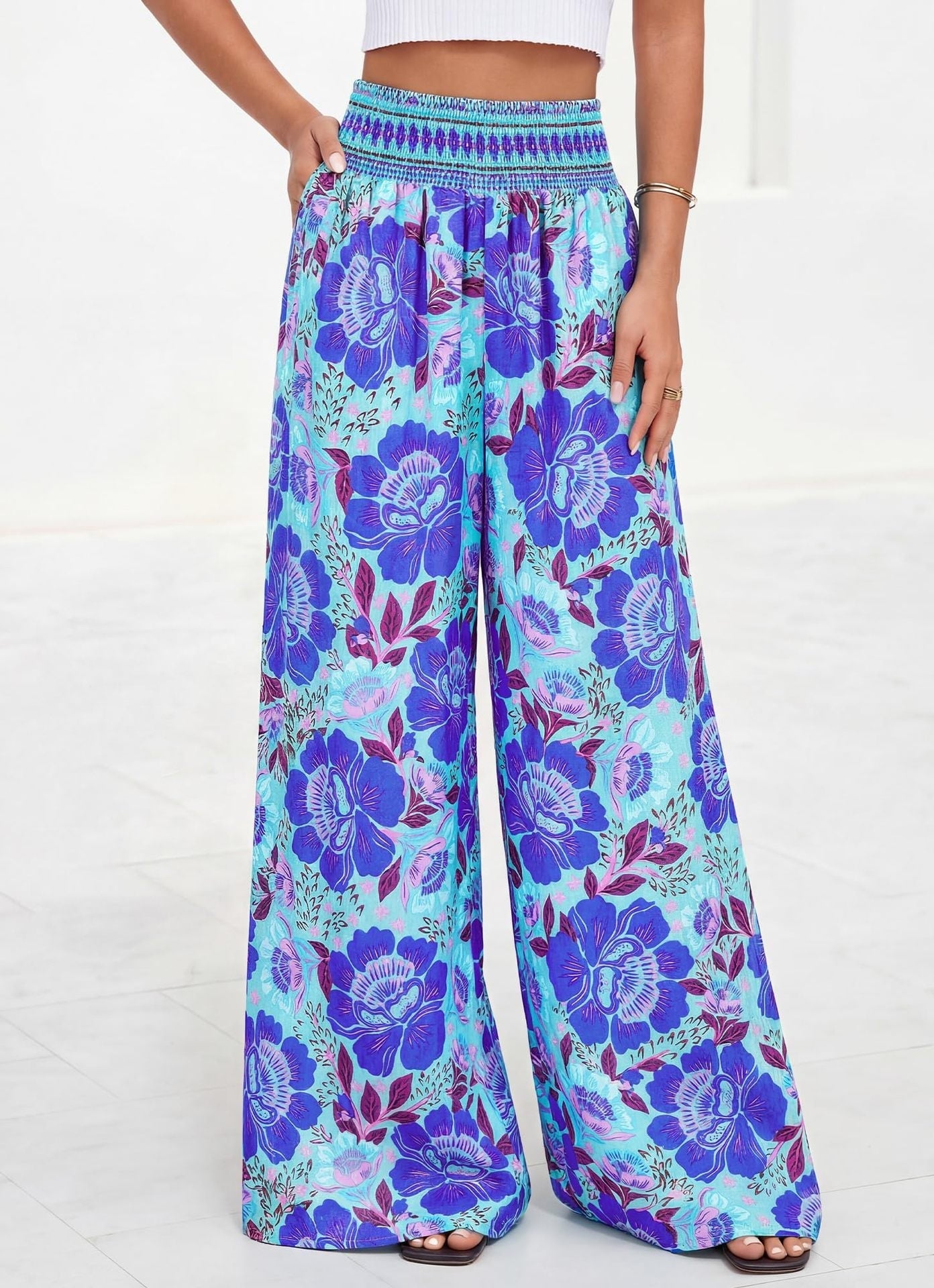 Printed High-Waist Wide-Leg Pants | Casual Comfortable Travel Trousers