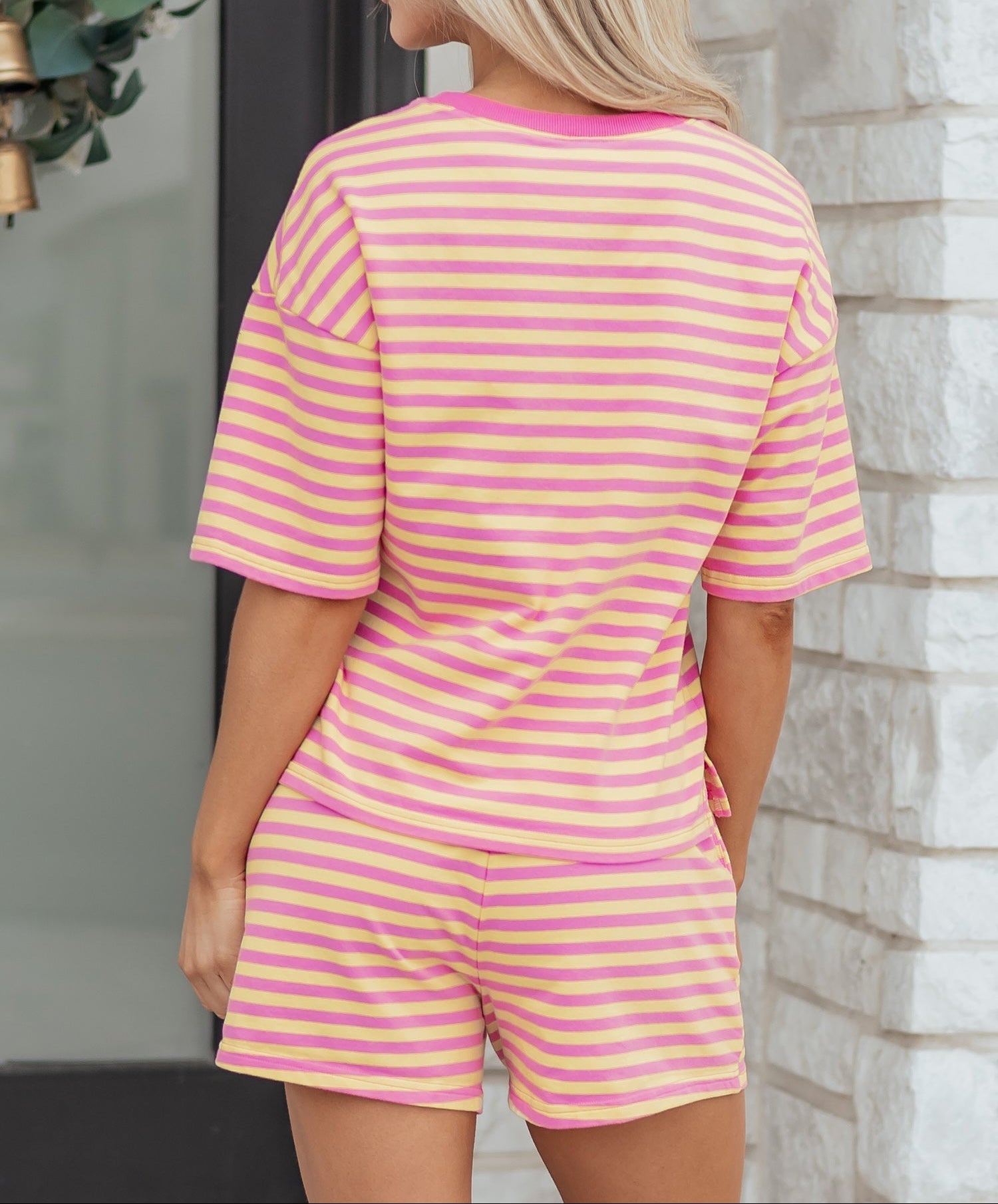 Rose Stripe Drop Shoulder Boxy Casual Terry Short Set