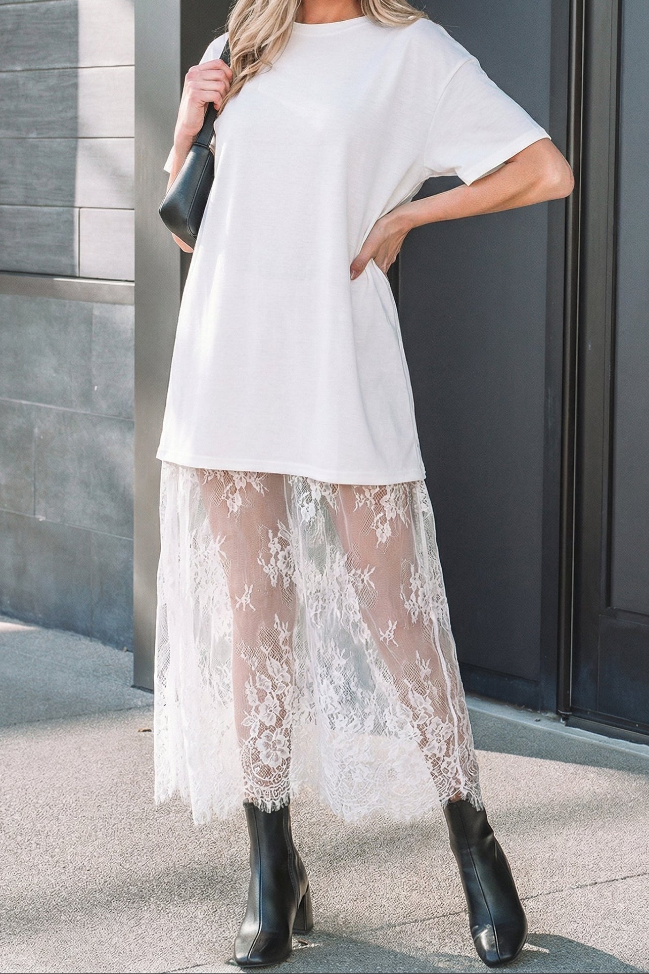 White Floral Patchwork Short Sleeve T Shirt Loose Maxi Dress