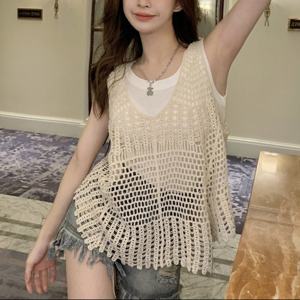 Crochet Hollow Knit Sleeveless Vest Top | Vintage Cotton Layering Top