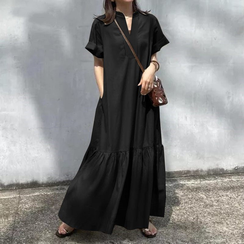 Stand Collar V-Neck Mermaid Maxi Dress | Elegant Pleated Short Sleeve Dress