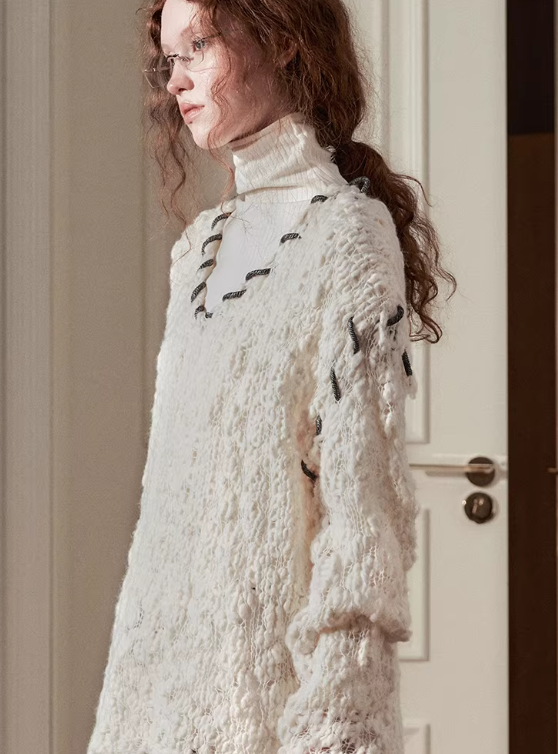 Distressed Cashmere Pearl-Draped Openwork Knit Top