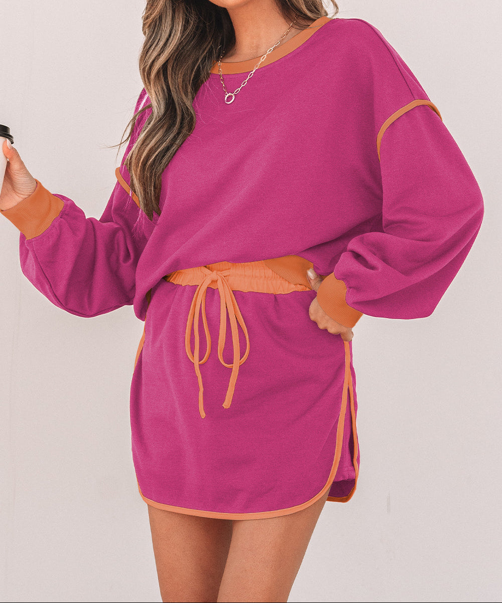 Rose Red Color Contrast Loose Pullover and Lace-up Waist Skort Set