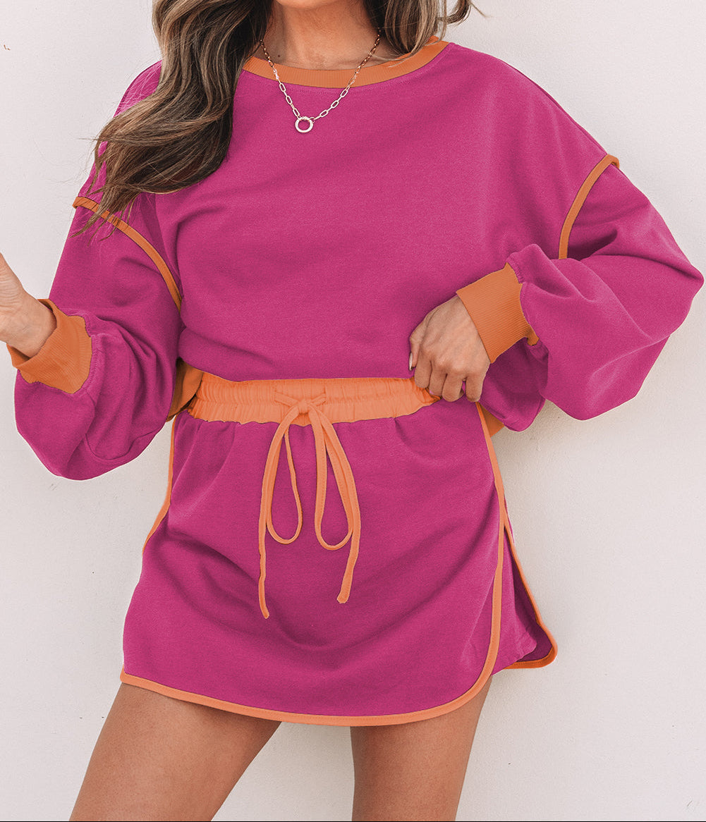 Rose Red Color Contrast Loose Pullover and Lace-up Waist Skort Set