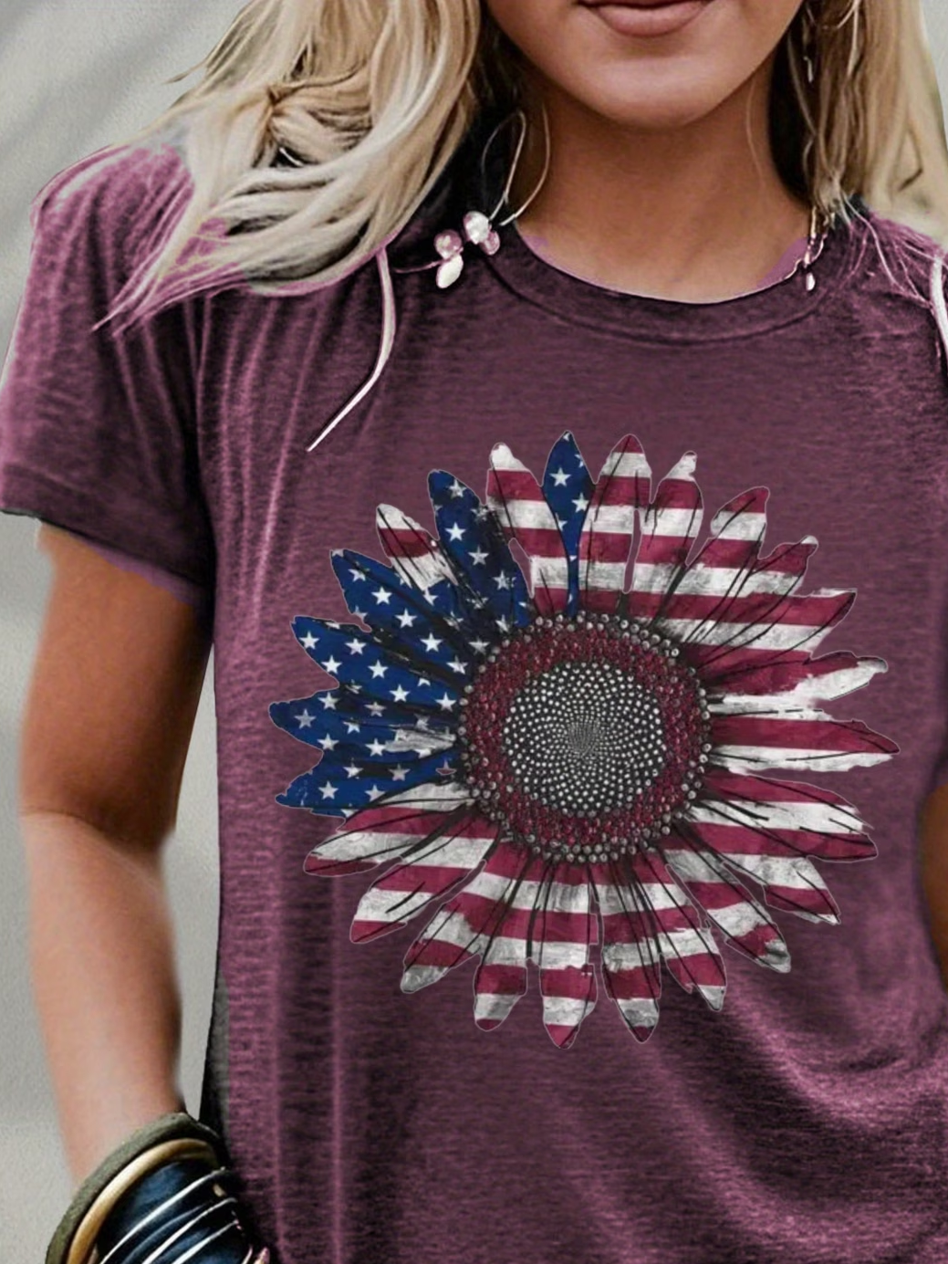 Women's Short Sleeve T-shirt Summer Purple America Flag Printing Jersey Crew Neck Daily Going Out Casual Top