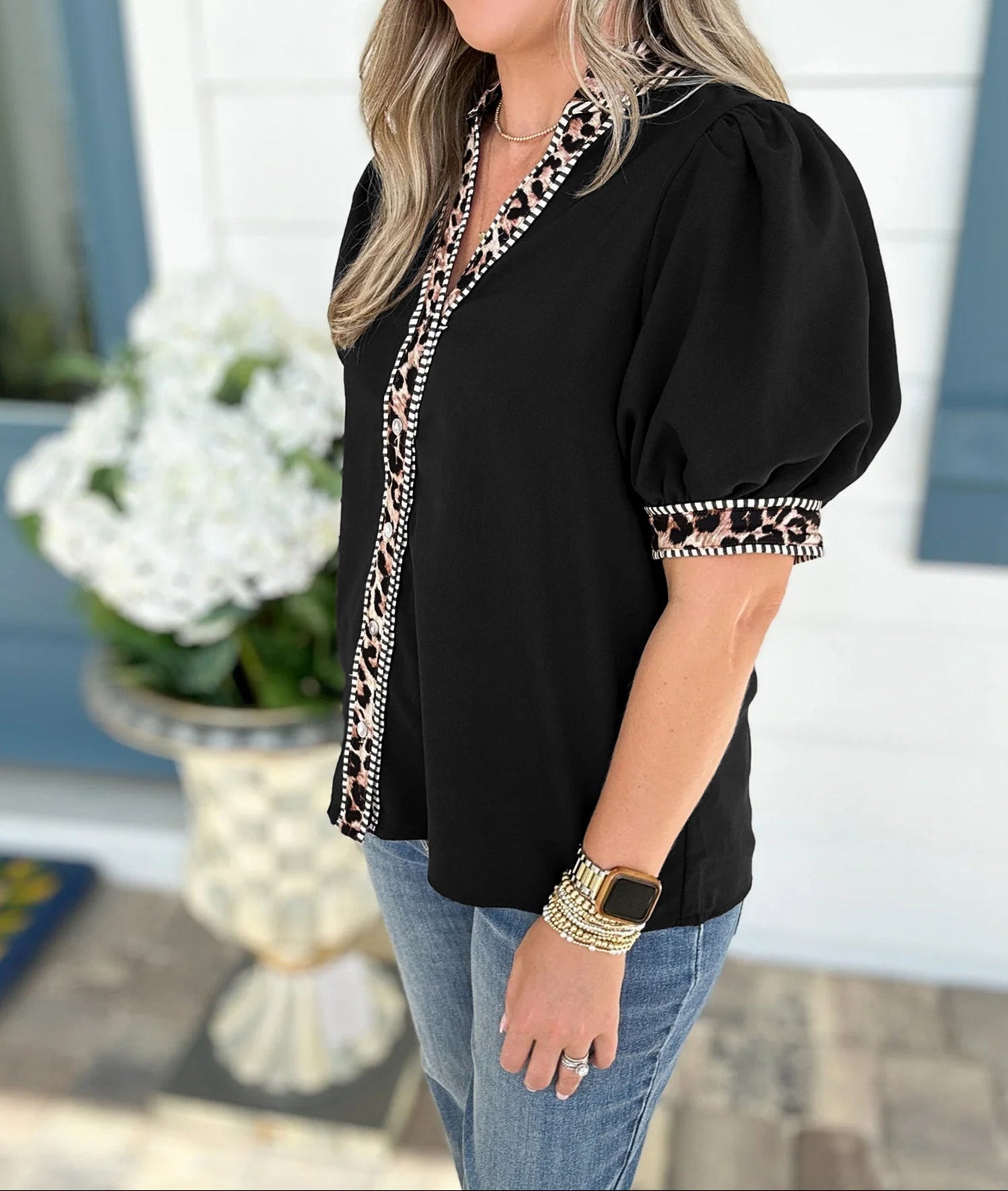 Black V Neck Short Puff Sleeve Contrast Striped Leopard Trim Button Down Shirt