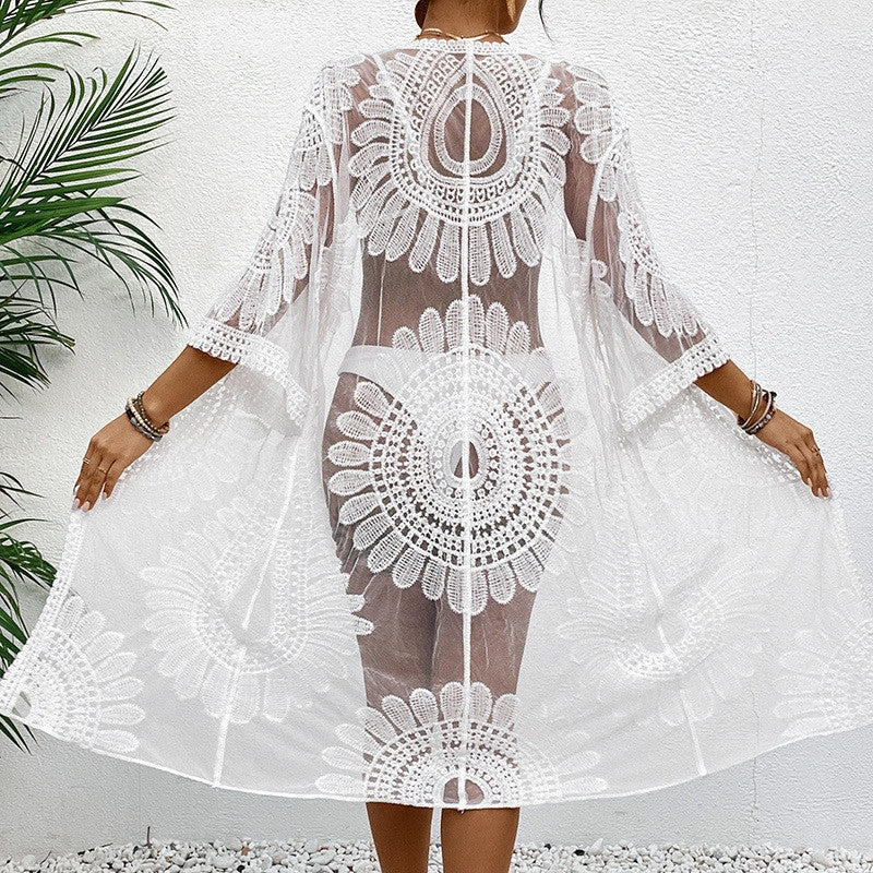 Lace Embroidered Floral Kimono Bikini Cover-Up | Cotton-Blend Resort Beach Cardigan