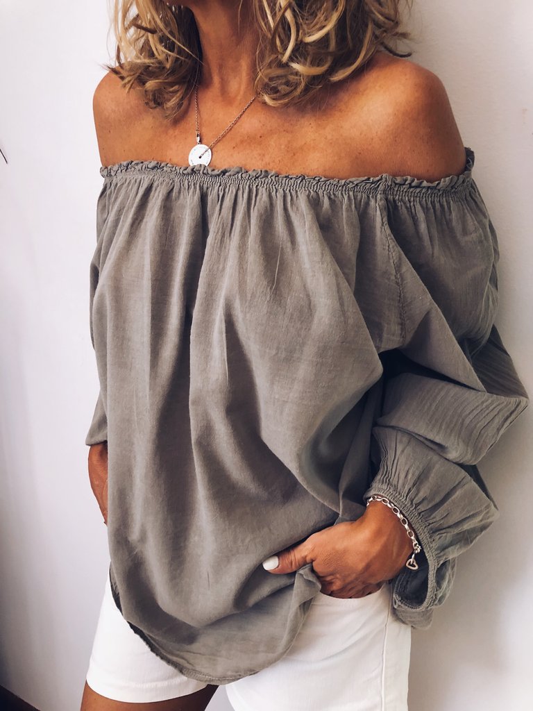 Off Shoulder Ruched Cotton Linen Blouse