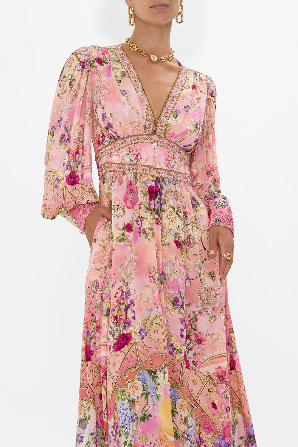 Printed V-Neck Puff Sleeve Belted Dress | Elegant Casual Midi Dress