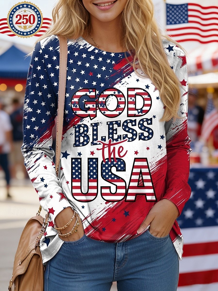 Crew Neck America Flag Loose Casual T-Shirt