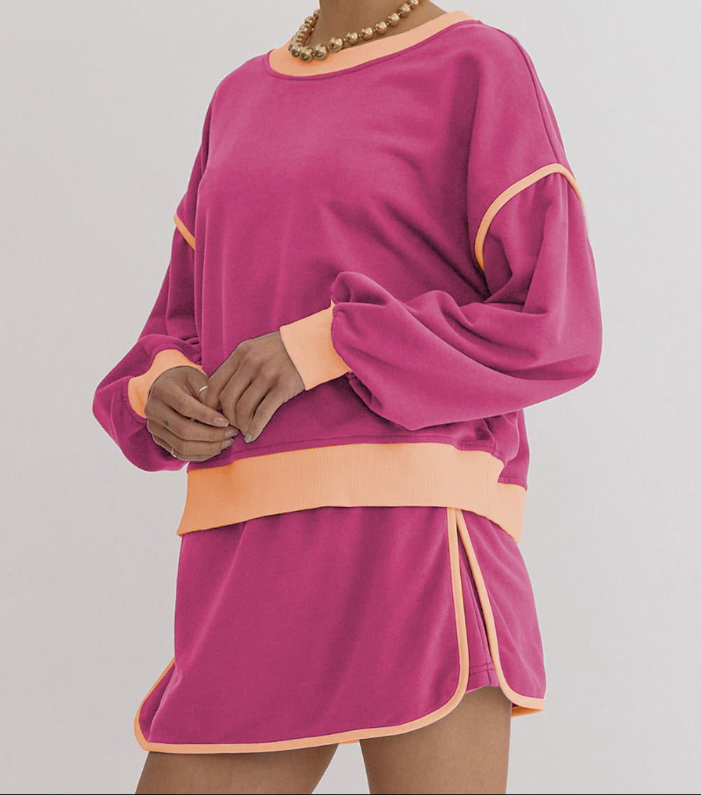 Rose Red Color Contrast Loose Pullover and Lace-up Waist Skort Set