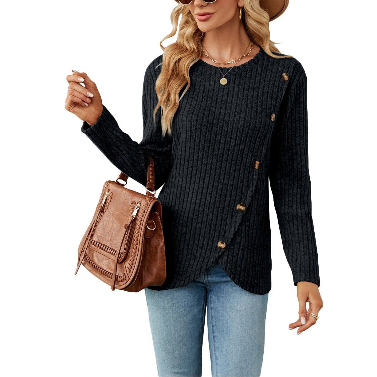 Brushed Rayon Crew Neck Tulip Hem Long Sleeve Top | Soft Layering Boutique Top