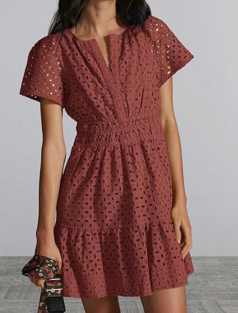 Eyelet Short-Sleeve Mini Dress