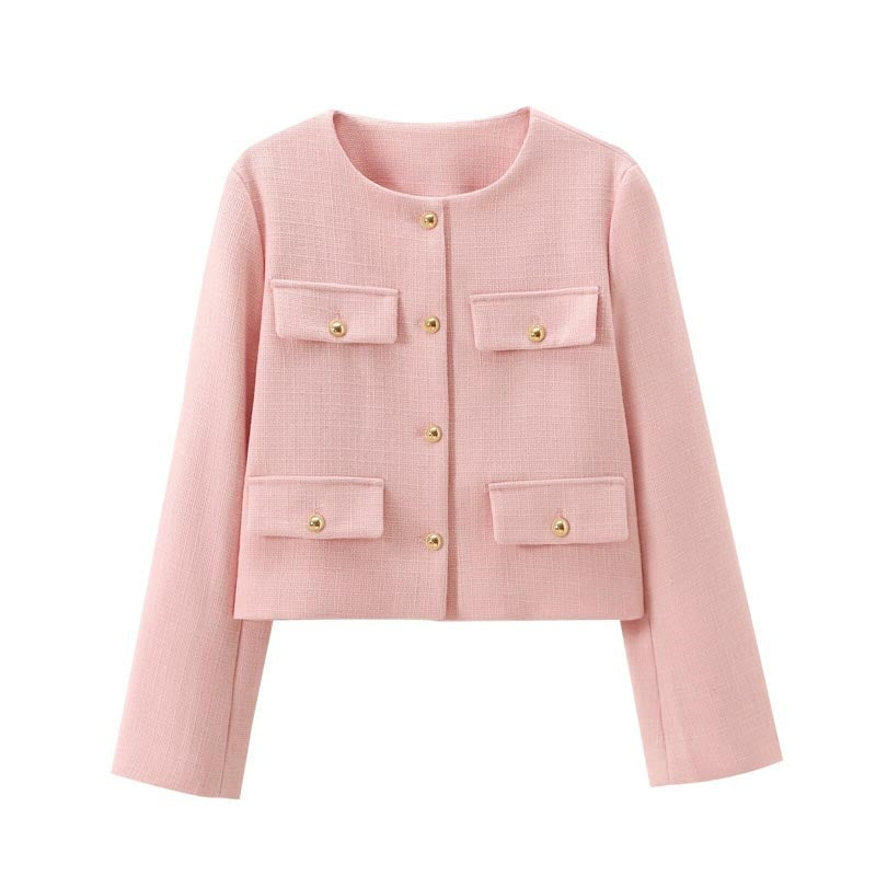 Pocket Front Cropped Button-Up Jacket