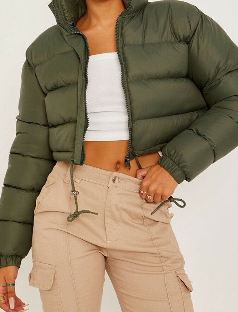 Cropped Puffer Jacket with Stand Collar