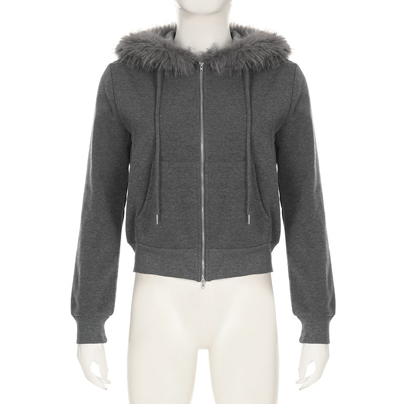 Hooded Fuzzy Patchwork Jacket