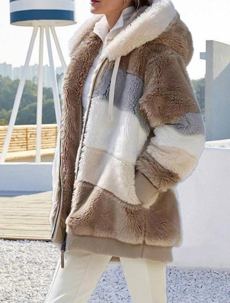 Hooded Patchwork Fuzzy Jacket