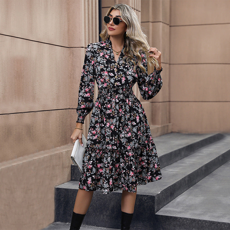Floral Print Long Sleeve Midi Dress
