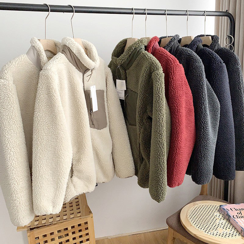 Zipper Windproof Pocket Stand Collar Fleece Coat