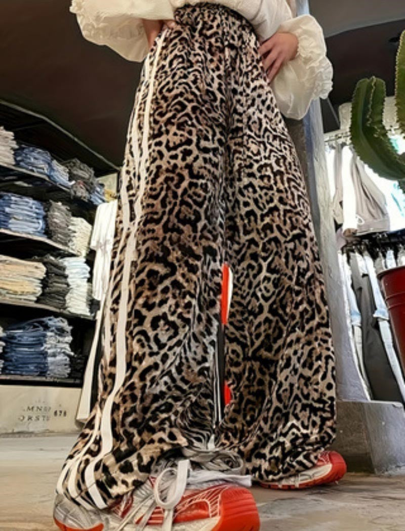 Wide-Leg Leopard Print Pants with Stripes