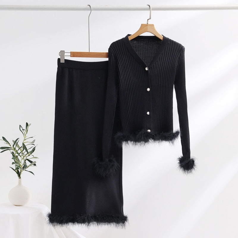 Knit Feather Trim Top and Skirt Set