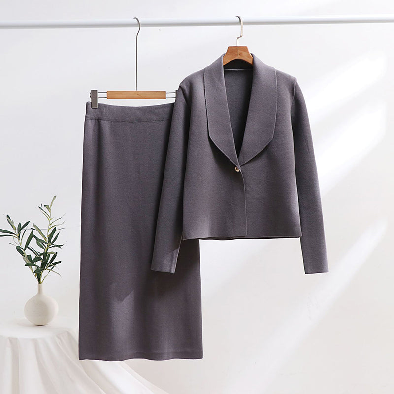 Two-Piece Set with Long Sleeve Solid Top & High-Waisted Skirt