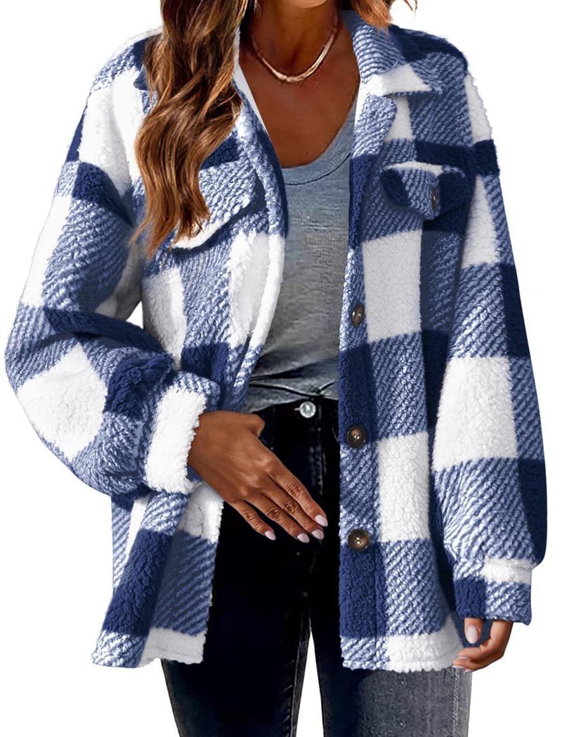 Plaid Sherpa Jacket with Button Closure