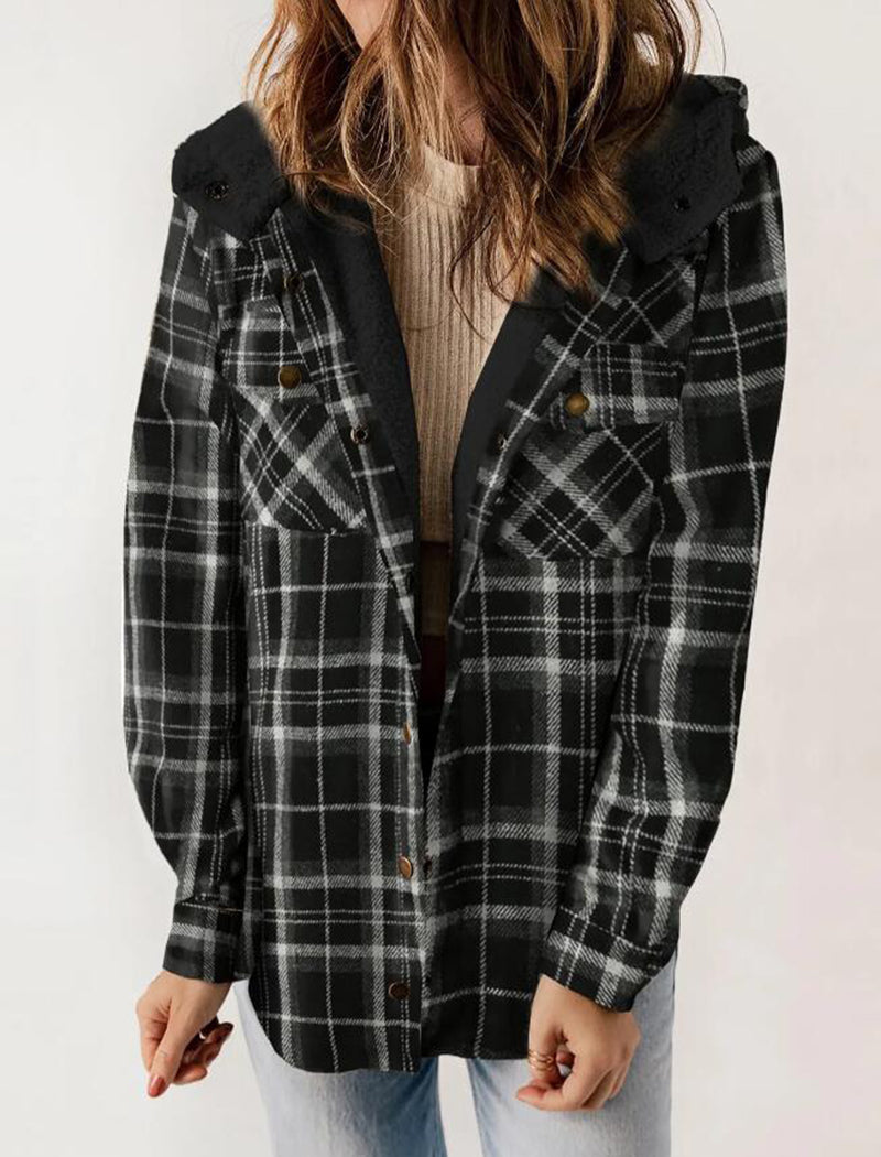 Plaid Long Sleeve Fuzzy Hooded Jacket