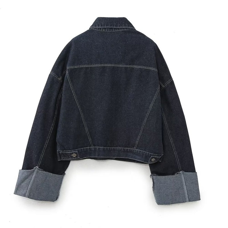 Cropped Denim Jacket with Cuffed Sleeves