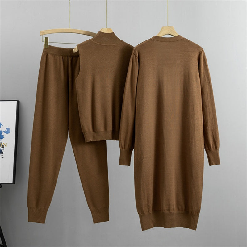 Knit Top and Long Cardigan and Pants Set