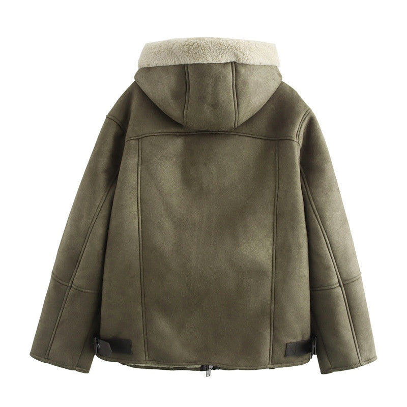 Shearling Hooded Zip-Up Jacket
