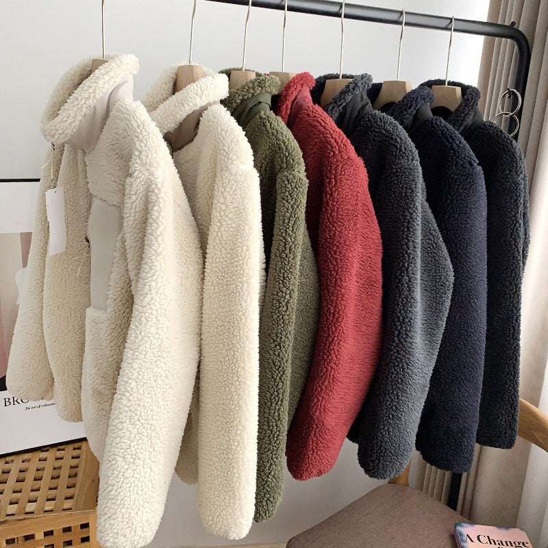 Zipper Windproof Pocket Stand Collar Fleece Coat