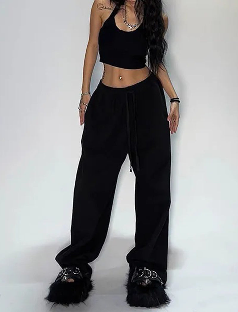 Solid Drawstring Wide-Leg Pants