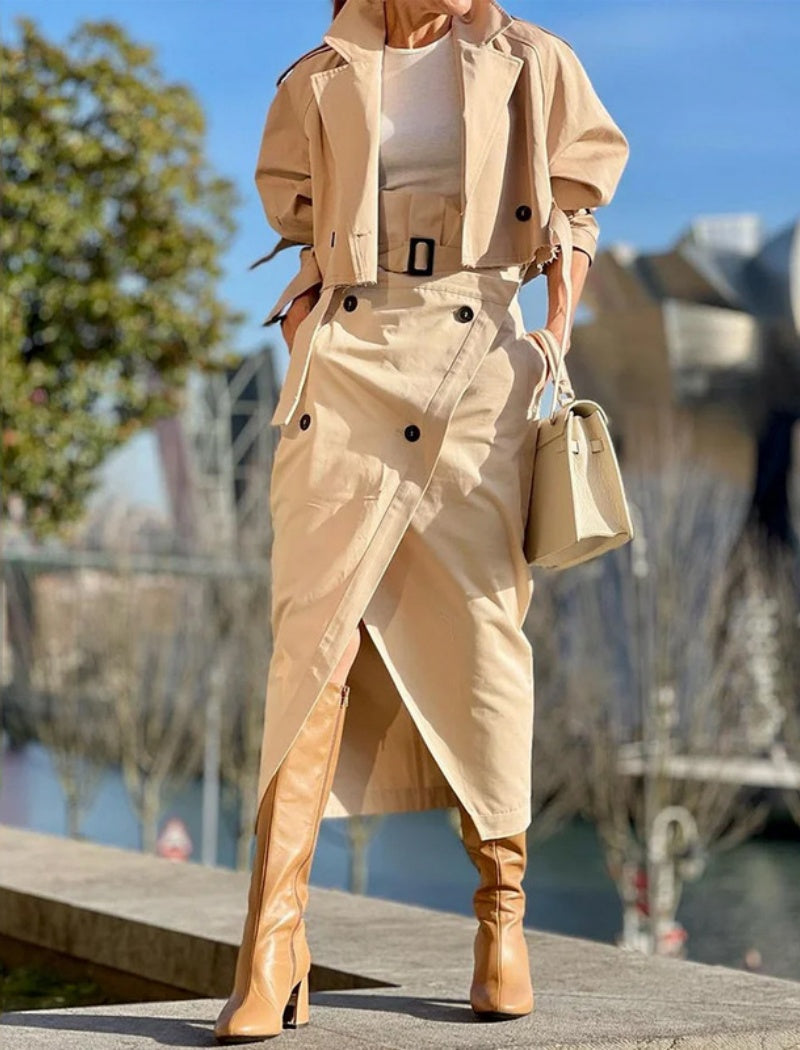 Belted Top and High-Waist Midi Skirt Set