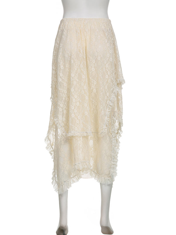 Sheer Lace Asymmetrical Midi Skirt