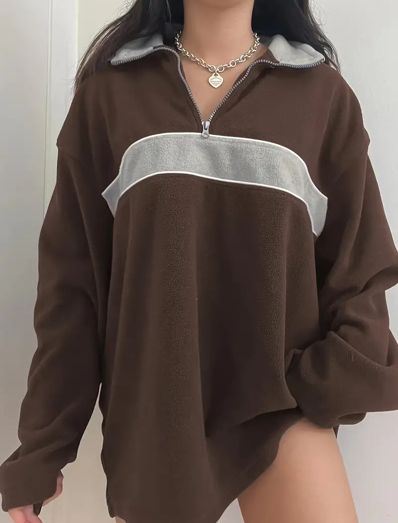 Contrast Stripe Half-Zip Oversized Top